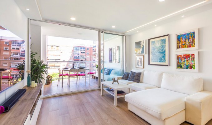 Living room with large TV screen