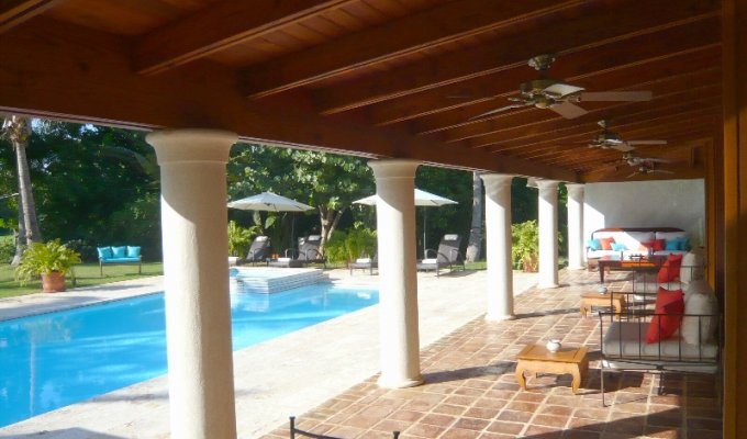 Large covered terrace with views over the pool and the Golf Course